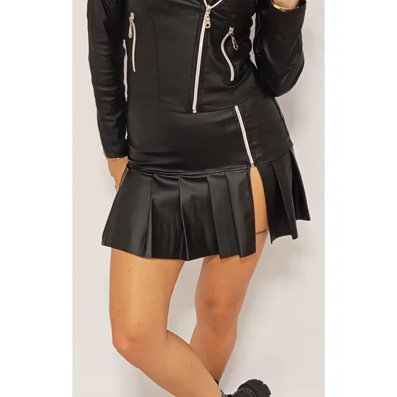Pollera Engomada Tajo Tableada Mujer Negra Falda Skirt Moda
