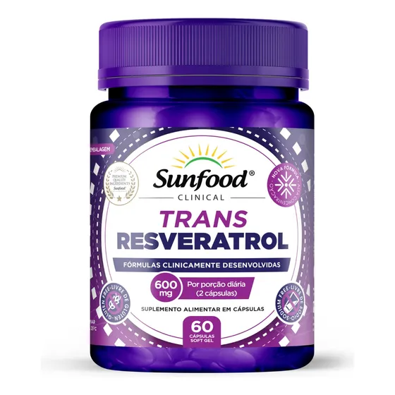 Suplemento em cápsula Sunfood Clinical Trans Resveratrol 600mg (60sofgels) Sunfood em pote de 100mL