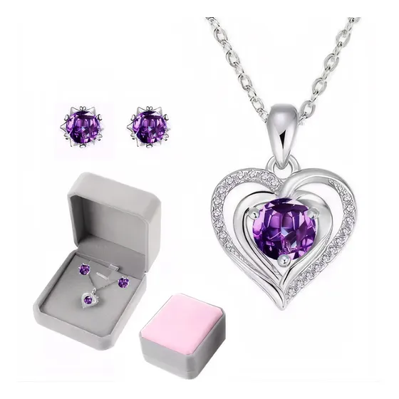 Collar Dije Corazón 925plata Cristal Mujer Arete Caja Kit