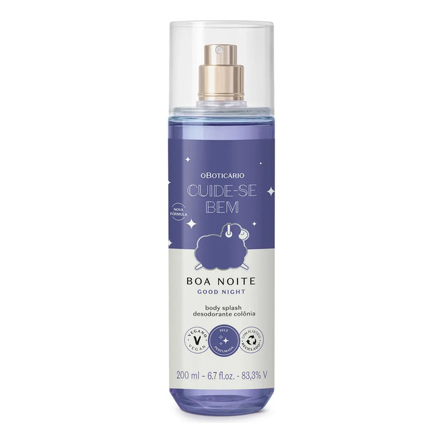 Frasco de Body Splash O Boticário Cuide-se Bem Boa Noite de 200ml com líquido roxo, tampa transparente e rótulo ilustrado com uma ovelha.