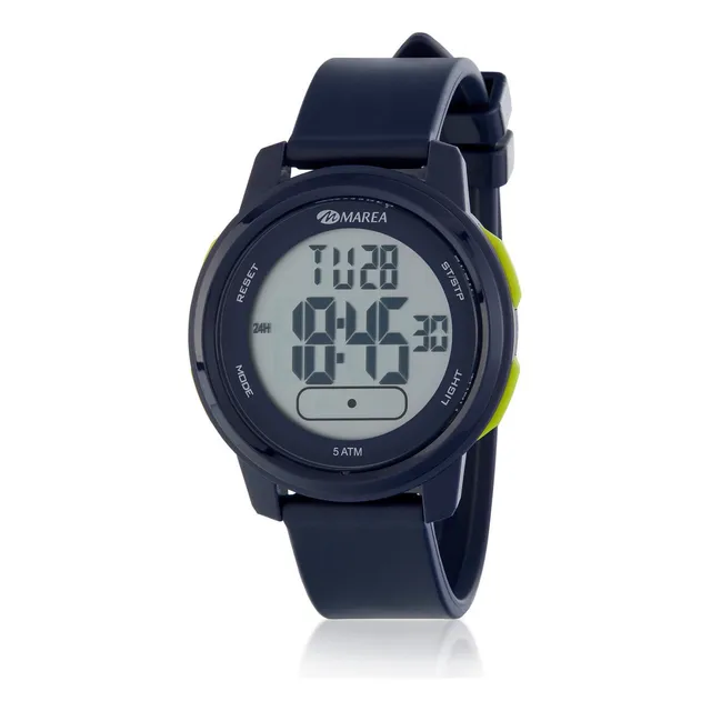 Reloj Marea B4020802 Correa Azul Marino Bisel Azul Y Verde Lima Fondo Gris Claro