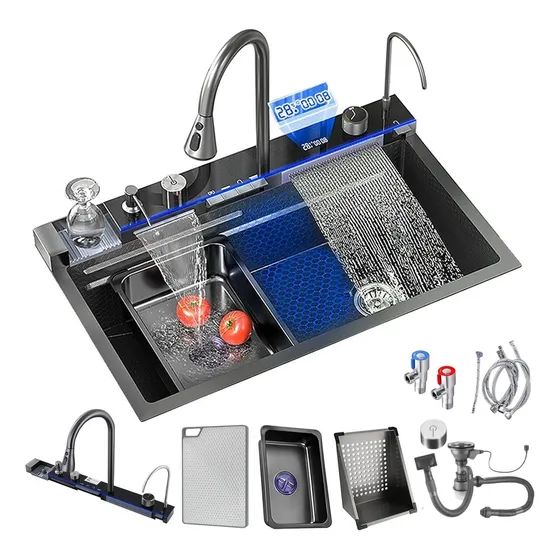 Fregadero De Cocina Tarja Cascada 304 Acero Inoxidable Inteligente Negro Accesorios 7546 Organizadores Para Cocina Tarja Cocina Conjunto Kit Completo Grifo