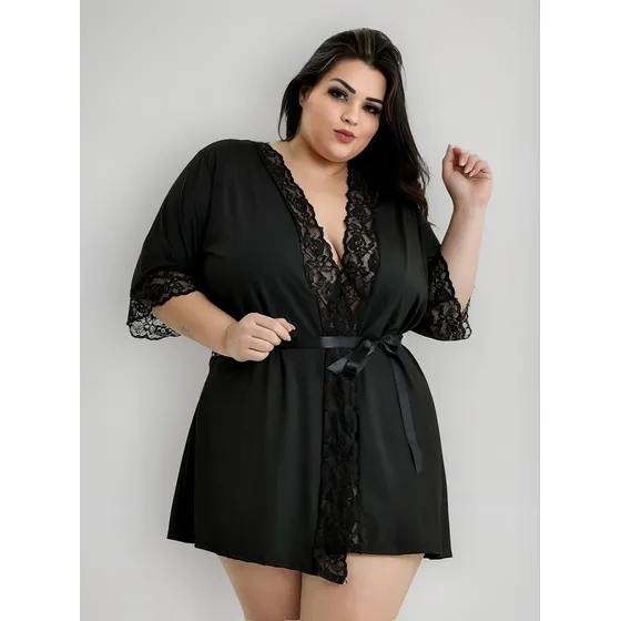 Kit Robe + Camisola Microfibra Renda Luxo Sexy Plus Size 