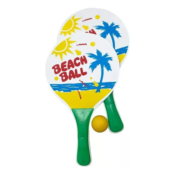 Juego  2 Paletas Playa Playera Tenis Madera 31 Cm Pelota 