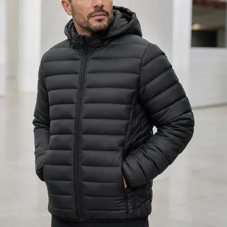 Jaqueta Puffer Masculina Impermeável Capuz Removível Bobojac Preto M Geométrico