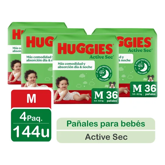 4 Paquetes Pañales Huggies Active Sec Talla M 144 Un