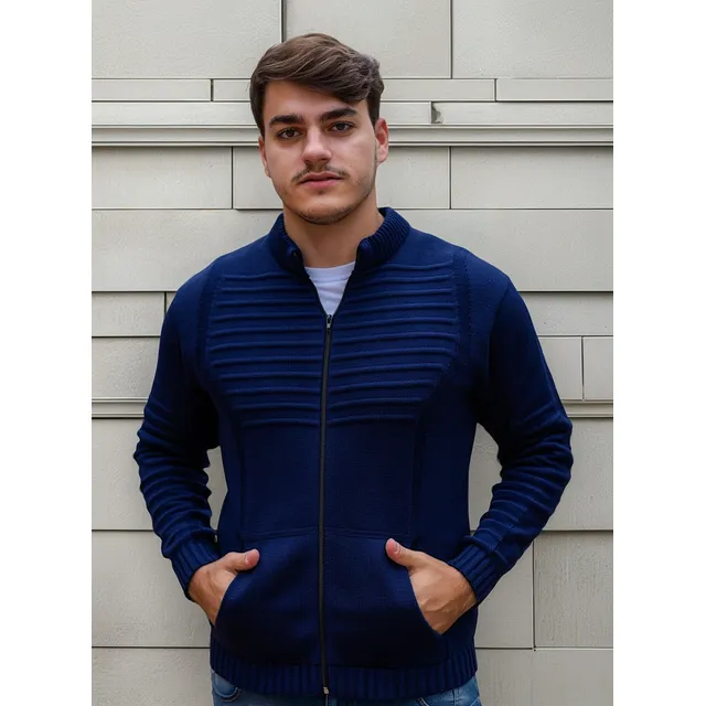 Casaco Suéter Masculino Lã Com Zíper Trico Blusa De Frio