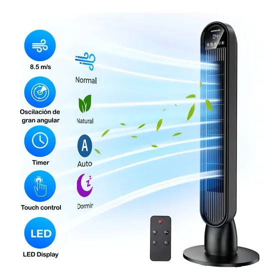 Ventilador Oscilante Ancho Homshade, Ventilador De Torre Silencioso Doméstico Con Control Remoto, Pantalla Táctil Led,alta Velocidad De 10m/s,4velocidades De Viento, 4modos, Temporizador De 8 Horas