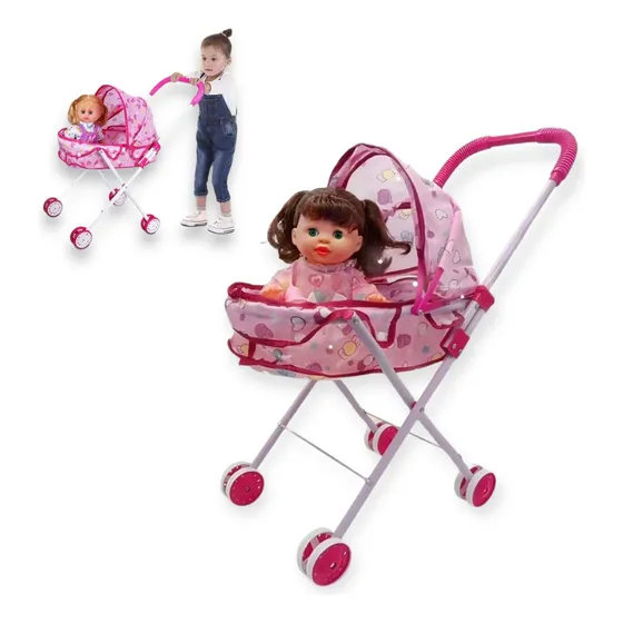 Coche Cuna Metalico De Juguete Con Muñeca Incluida