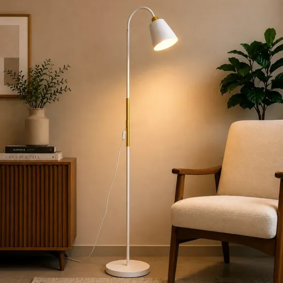 Luminária Abajur Metal Articulada Pedestal Chão Coluna Leitura Cúpula Branco Flexivel 1,6m 110v 220v