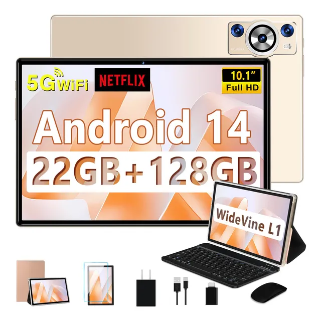 DEERTiME E9 Tablet 10 Pulgadas Color Oro Android 14 Os Con 22 Gb Ram 128Gb Rom Tf 1 Tb 5G 2.4G Wlan 8 Core 2.0 Ghz Certificación Google Gms 8000Mah 5+8Mp Bt 5.0 Widgets con Teclado Fall