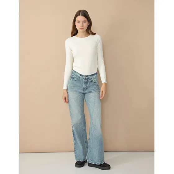 Pantalón Onyx Wide Leg Tiro Alto Mujer Azul Matizado