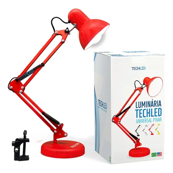 Abajur Luminaria De Mesa Techled Articulavel Luminaria Mesa 12x12x65 cm Cor da estrutura Vermelho