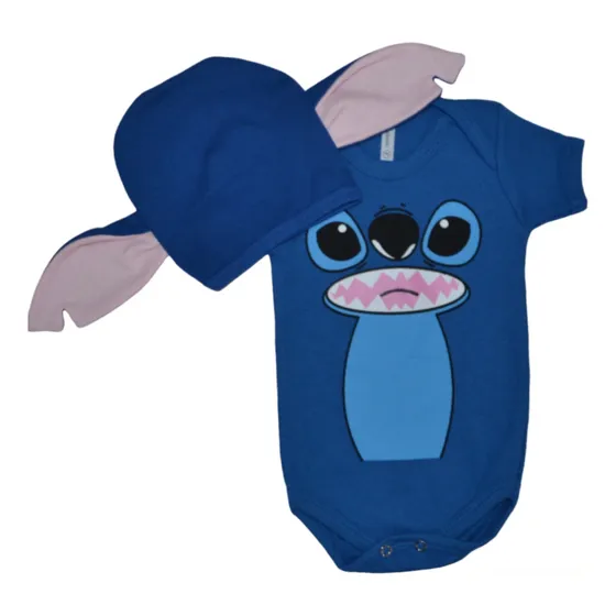 Body Bebe Tematico Mesversario Fantasia Stich Com Touca