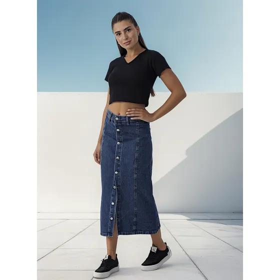 Pollera De Jean Con Botones Falda Larga Denim 