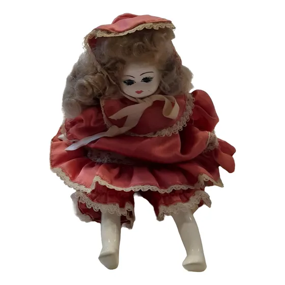 Muñeca Antigua.vestido Con Encaje.de Acetato.cabello Largo