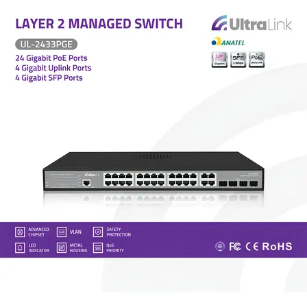 Switch Gerenciável Ultra Link 28 Portas Gigabit Poe Ul-2433pge Montado Em Rack