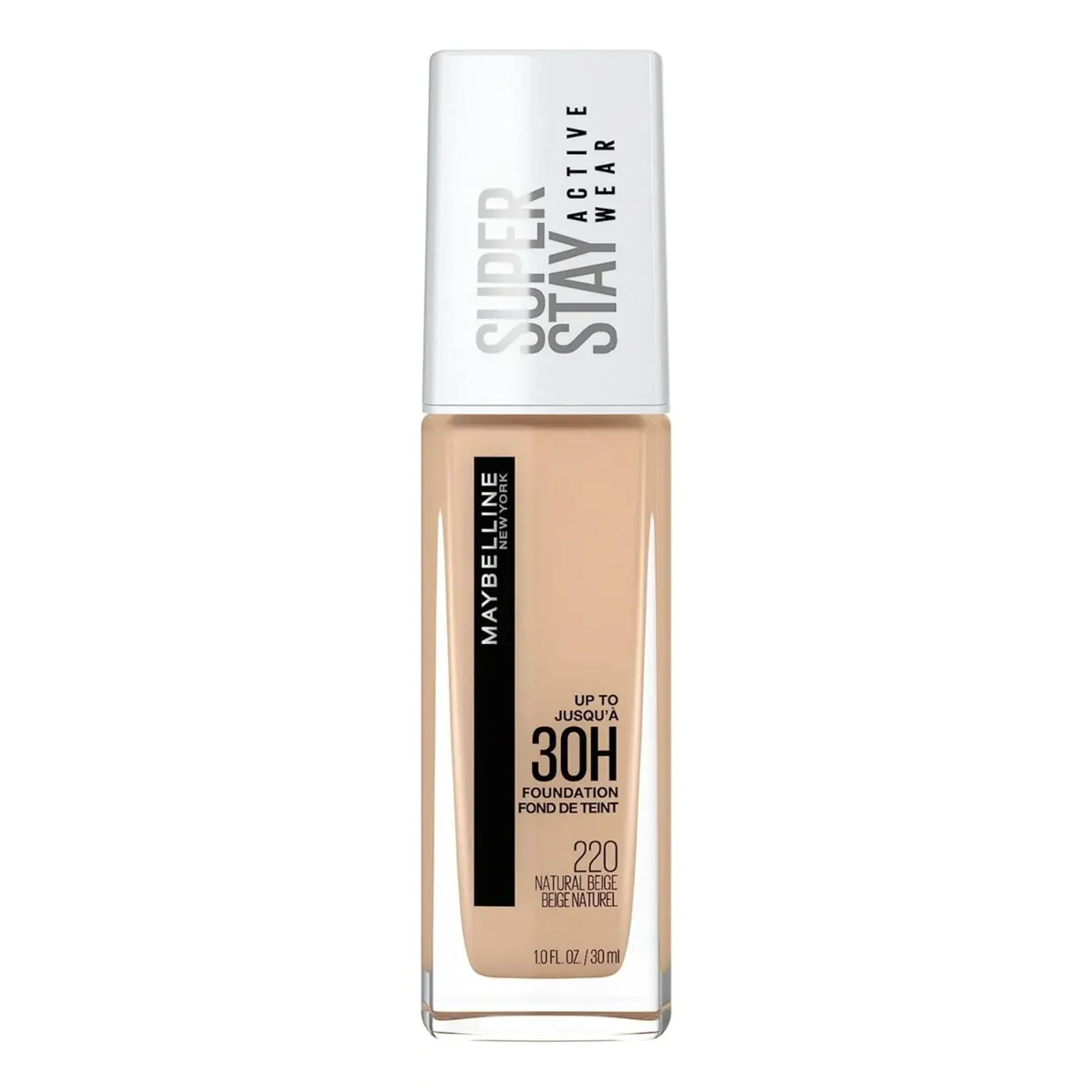 Frasco de vidro da base Maybelline SuperStay Active Wear na cor 220 Natural Beige com tampa branca