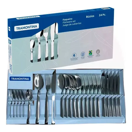 Jogo Talheres Faqueiro Tramontina Aço Inox 24 Peças Buzios I Prateado