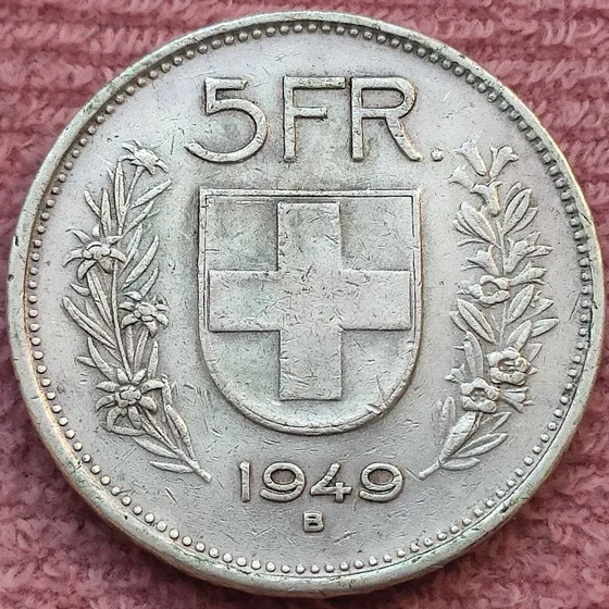 Moeda De Prata Estrangeira Da Suiça De 5 Franco 1949