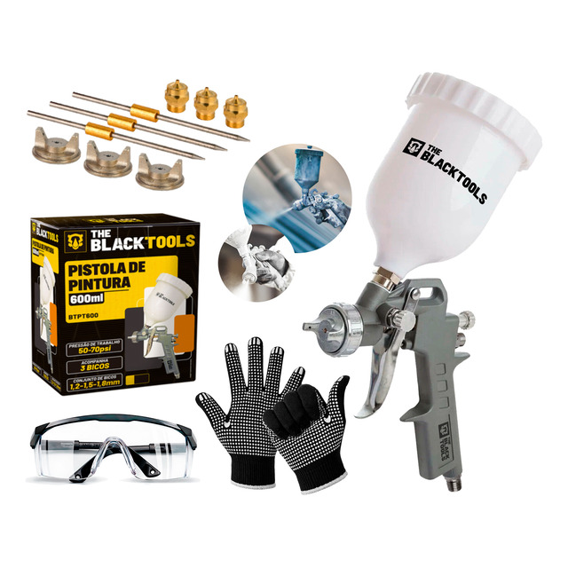 Pistola Pintura Profiss Gravidade 600ml 3 Bicos + Acessórios Cinza