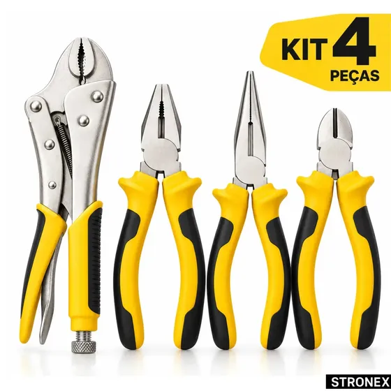 KIT JOGO DE 4 ALICATES PROFISSIONAL ALICATE DE PRESSÃO UNIVERSAL BICO CORTE DIAGONAL 10 JOGO DE FERRAMENTAS COM CHAVINHA DE PRESSÃO MEIA CANA CORTE QUALIDADE PREMIUN STRONEX