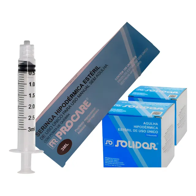 100 Seringa 3ml + 100 Agulha 20x0,55 + 100 Agulha 30x7