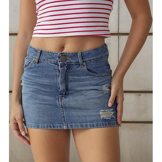 Pollera Mini Denim Mujer Azul Petróleo Oxido Tiro Bajo