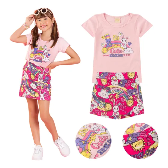 Conjunto Verão Menina Blusa E Shorts Saia Coelinhos
