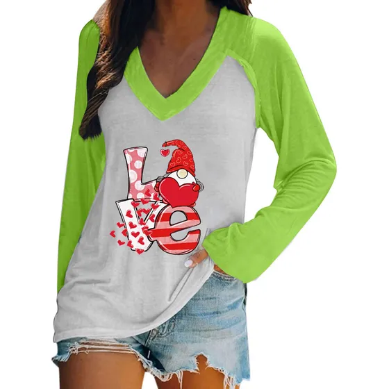 Moda Mujer Casual Cuello Pico Manga Larga Pinted Camiseta