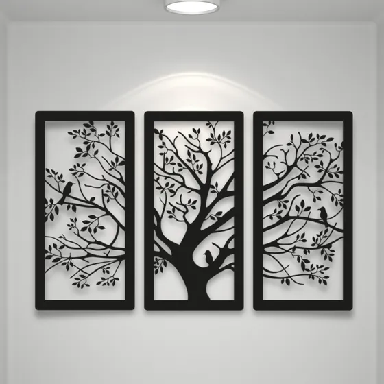 Set De 3 Cuadros Calados Naturaleza Arbol En Madera Mdf