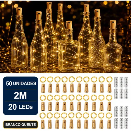 Kit50 Rolha De Led Luz Fio Garrafa 2m 20 Leds Luzes Fadas Branco Quente 3v
