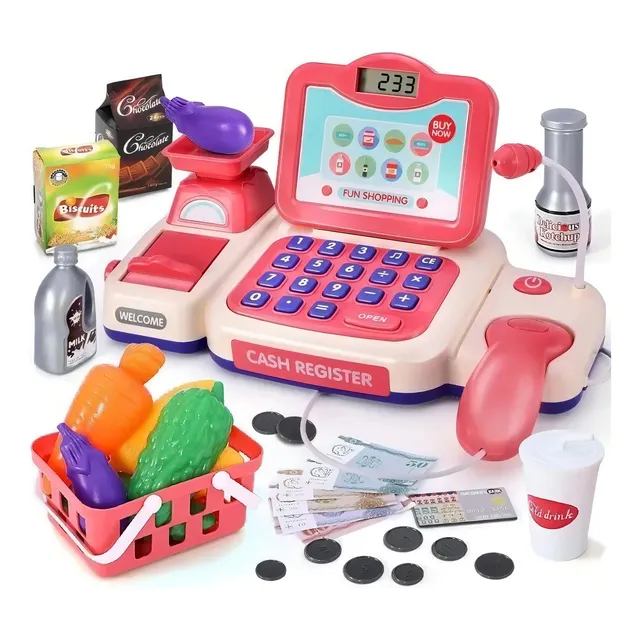 Lictin Caja Registradora Con Calculadora De Infantil Juguete De Supermercado,Incluye Micrófono,Tarjeta De Crédito,Escáner,Comida Falsa Y Dinero De Juguete,Regalo Para Niñas De 3-8 Años Adelante,Rosa