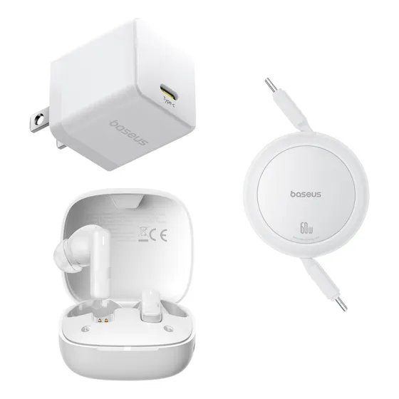Kit Baseus Audifonos Bluetooth 5.3 Bowie E20 33 Hrs Con El Estuche De Carga 6 Hrs Uso Continuo Cancelación De Ruido + Cargador De Pared Usb C 30 W + Cable Retráctil Tipo C A Tipo C Carga Rápida