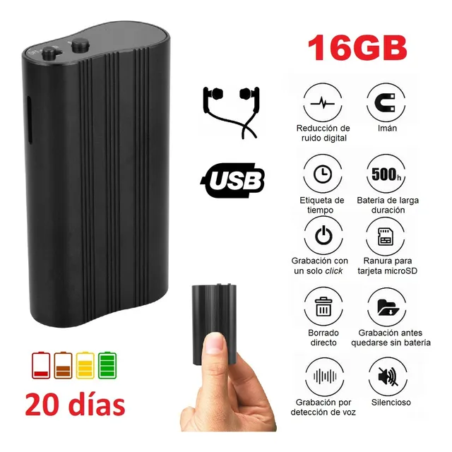Ec Grabadora Audio/micrófono Espía/oculto Imán 16gb 20 Días