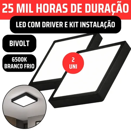 Kit 2x Plafon Led Quadrado Sobrepor Estrutura Preta Bivolt 110v/220v Painel Luminária Driver 18w Slim 20x20 Modular Alvenaria Concreto Cozinha Corredor Escritório Gesso Madeira 6500K Vmd Homecenter