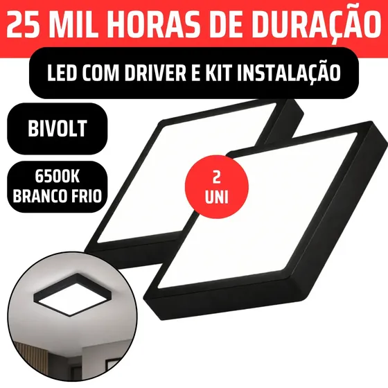 Kit 2x Plafon Led Quadrado Sobrepor Estrutura Preta Bivolt 110v/220v Painel Luminária Driver 18w Slim 20x20 Modular Alvenaria Concreto Cozinha Corredor Escritório Gesso Madeira 6500K Vmd Homecenter