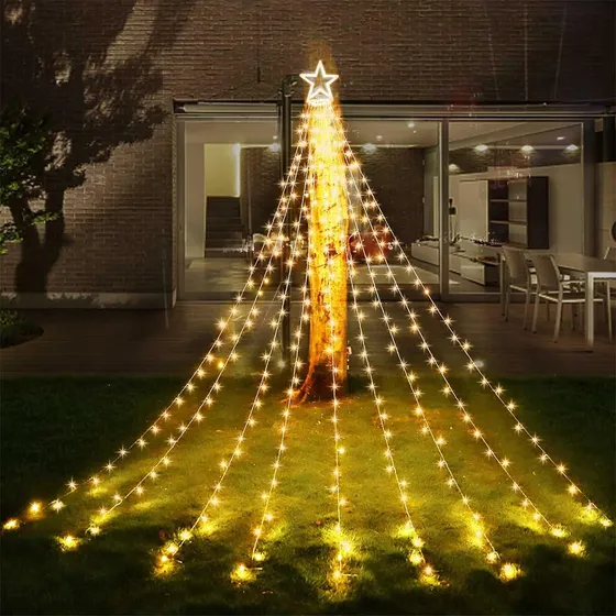 Funsmile Decoración De Navidad Starlight Cascada Árbol Luz Pentagrama Funsmile Color Amarillo 127V 344 Led 3m