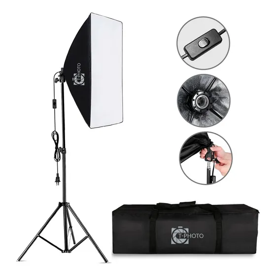 Kit Softbox Iluminação Contínua 50x70cm com Tripé de 2m | Soquete E27 127/220V | Luz Suave para Estúdio, Fotografia, Vídeo, YouTube, Lives e Gravações Profissionais