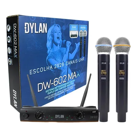 Microfone Sem Fio Profissional Duplo De Mão Dylan Dw-602 Max Cor Preto