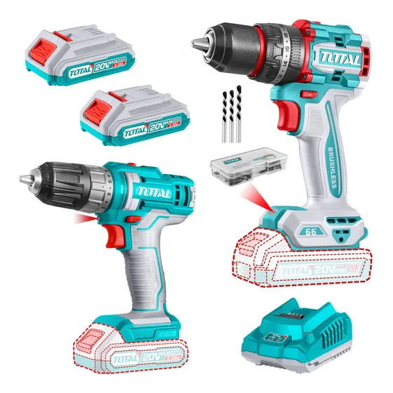 Kit Inalámbrico Total 20v: Taladro Percutor Motor Sin Carbones 13mm 66nm + Atornillador 10mm 45nm - Con 2 Baterías 2.0ah Litio-ion, Cargador, Mechas Y Puntas