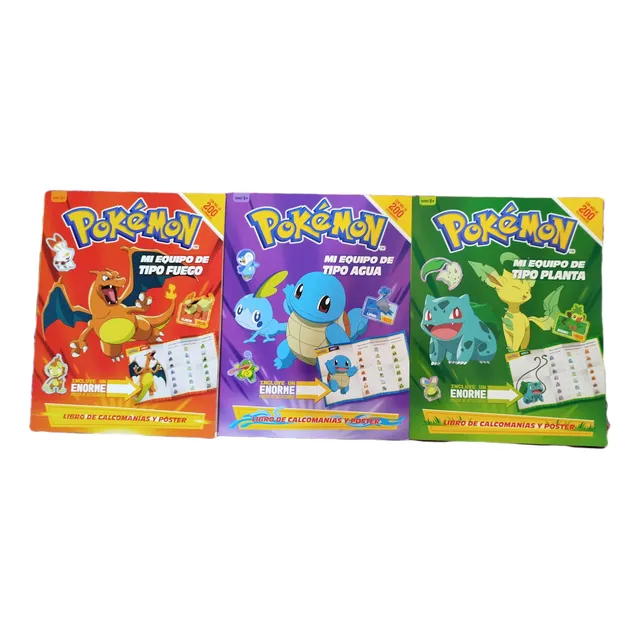 Libro De Stikers Juegos Y Póster Pokémon Planta Agua Y Fuego