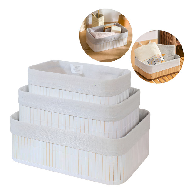 Kit 3 Cestos Organizadores De Bambu Multiuso Com Forro Cor Branco