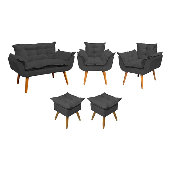Kit Namoradeira 2 Poltronas E 2 Puffs Para Sala Alice Suede Cor Preto