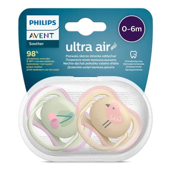 2 Chupetes Ultra Air 0-6m Cereza/pájaro Avent