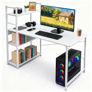 Escritorio Gamer Con Estantería De 3 Repisas Blanco Para Oficina Y Hogar