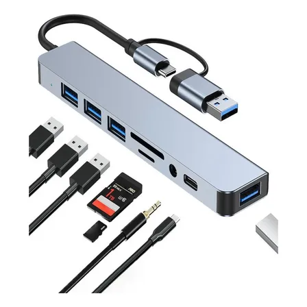 Hub 8 En 2 Puertos Usb C/usb2/3/sd/tf/jack Mac Notebook Pc Color Gris