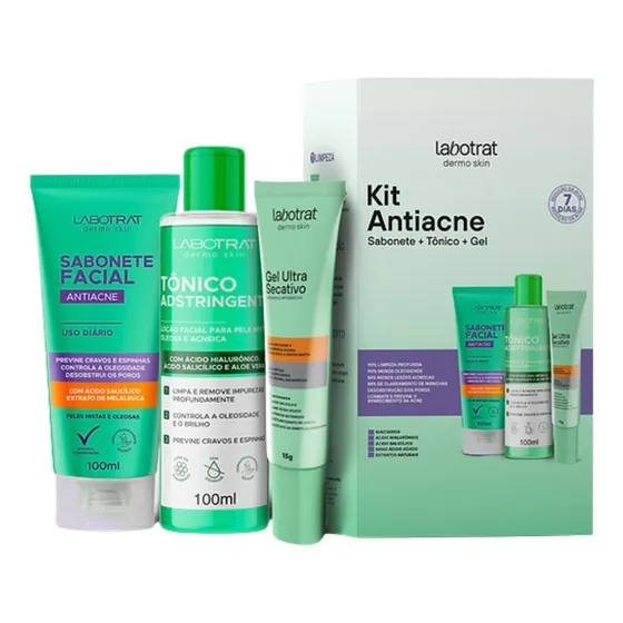 Kit Facial Antiacne 3 Itens Sabonete, Tonico E Gel Labotrat Momento de aplicação Dia/Noite Tipo de pele Todo tipo de pele