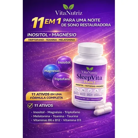 Sleepvita | Inositol | Melatonina | Triptofano | Magnesio Bisglicinato | Glicina | Taurina | L-teanina | B6 B12 D3 Zinco Metilfolato | 60 Caps | Vitanutriz Sono Dream Relax Ansiedade Fit Sem Sabor