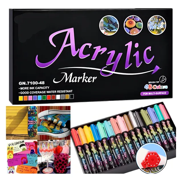 48 Plumones Punta Pincel Brush Pintura Acrílica Tipo Lovlylovly Multifuncional Aplicables En Telas, Tejidos, Lienzos, Cerámica, Madera Tratada, Plásticos, Piedra, Terracota, Arcilla Polimérica Y Rocas